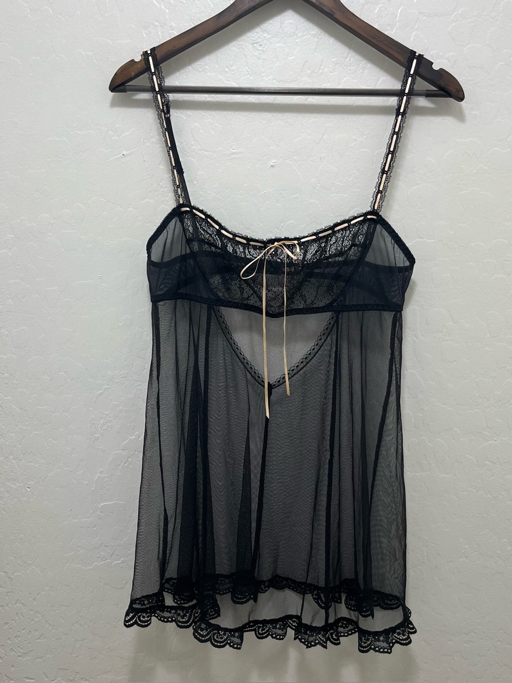 VTG Victoria's Secret Black Mesh Babydoll Lingerie Slip Dress Lace Bow Size M